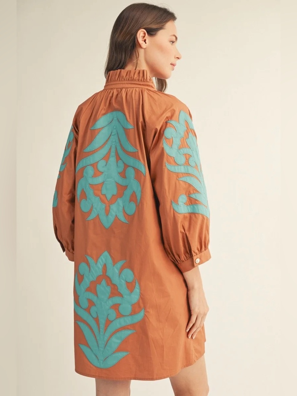 Jodifl Baroque Floral Appliqué Shift Cotton Tunic Dress - Picture 2 of 6
